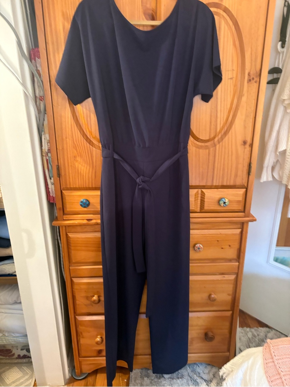 Classic Navy Short-Sleeve Jumpsuit with Waist Tie